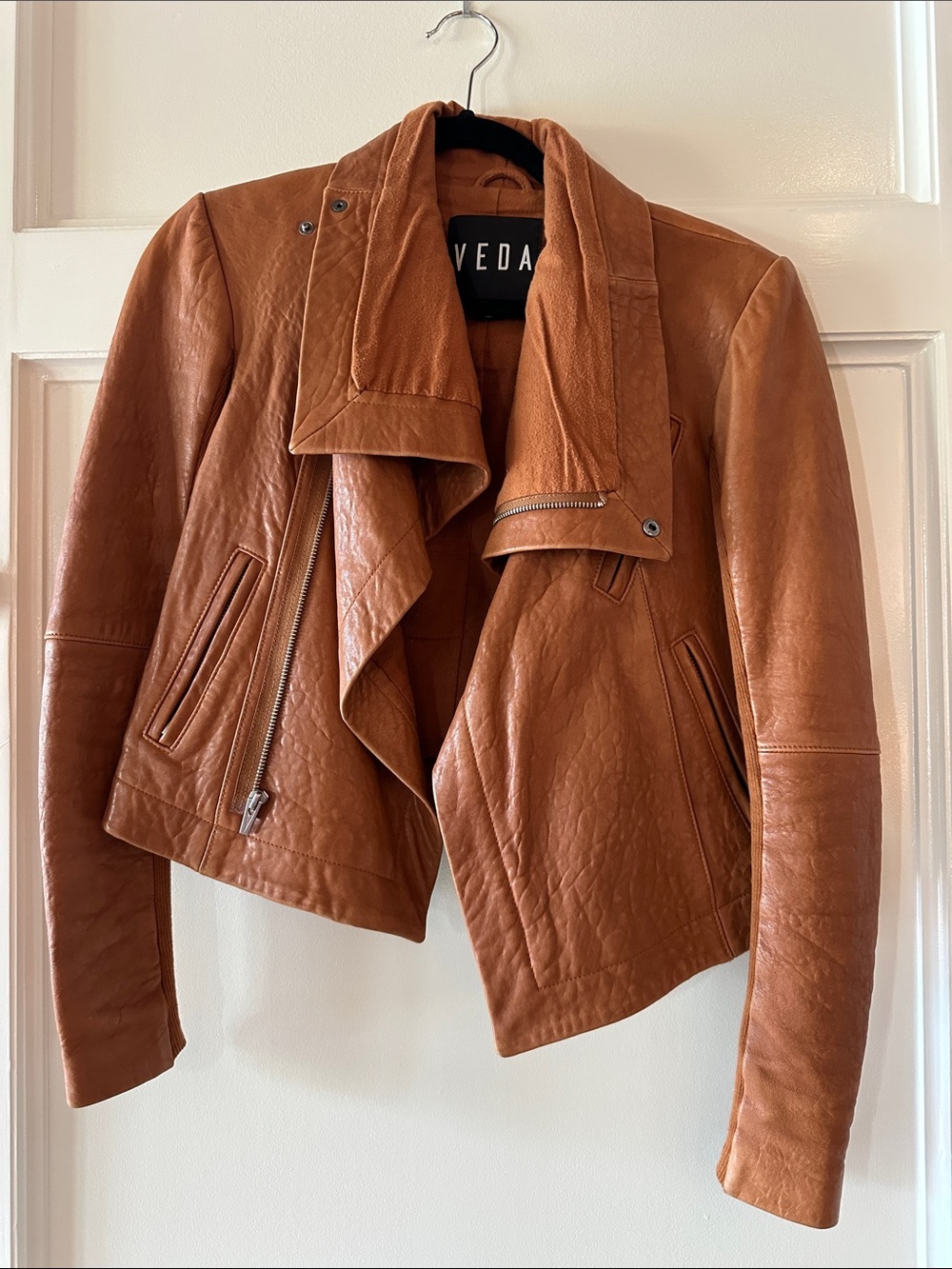 Veda Cognac Leather Draped Moto Jacket